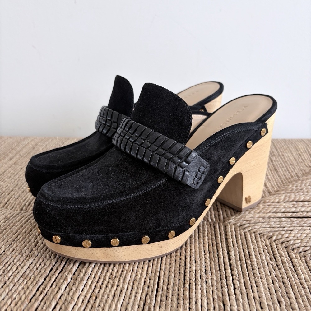 VERONICA BEARD Delia Mules Clogs Black Suede Studs Platform Hazelwood Shoes 9M